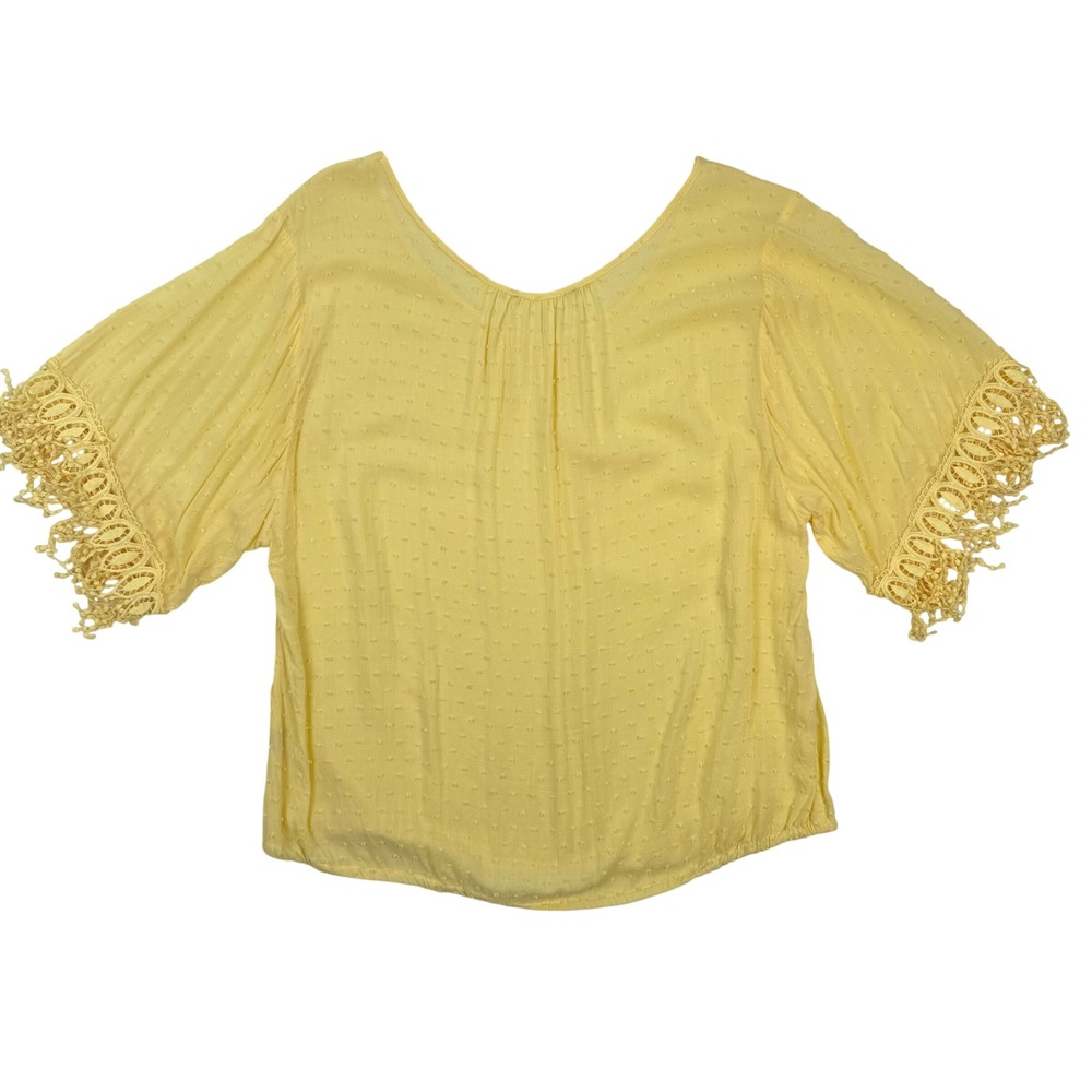 Yellow Swiss Dot Crochet Lace Tassel Sleeve Blouson Blouse Top Large (PTP 21") - Picture 3 of 4